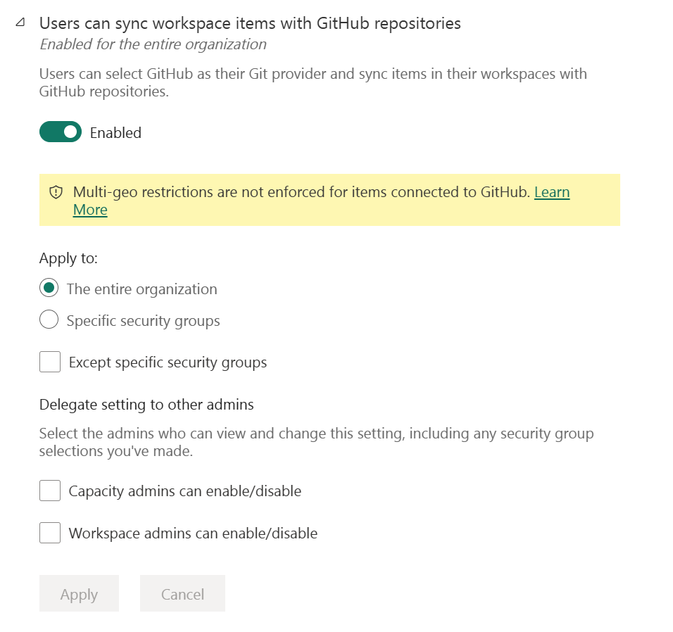 Képernyőkép a GitHub integrációs kapcsolóról.