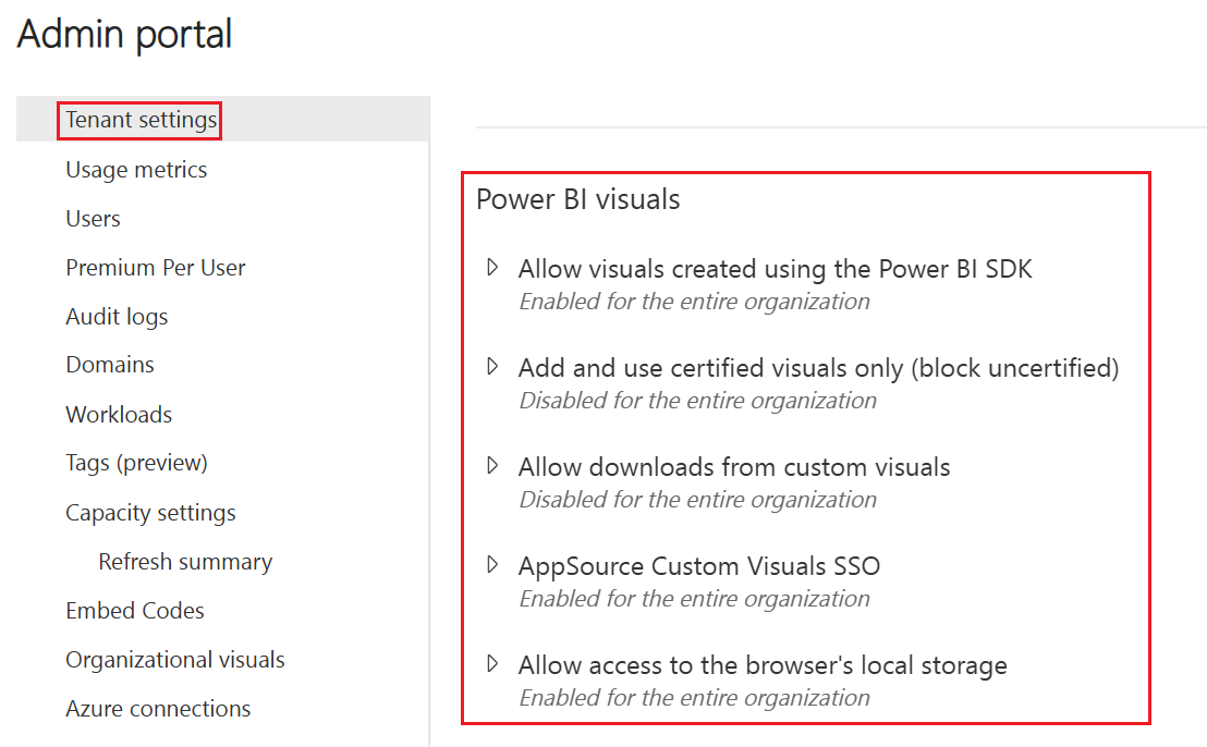 Képernyőkép a Power BI-vizualizációk bérlői beállításainak helyéről.