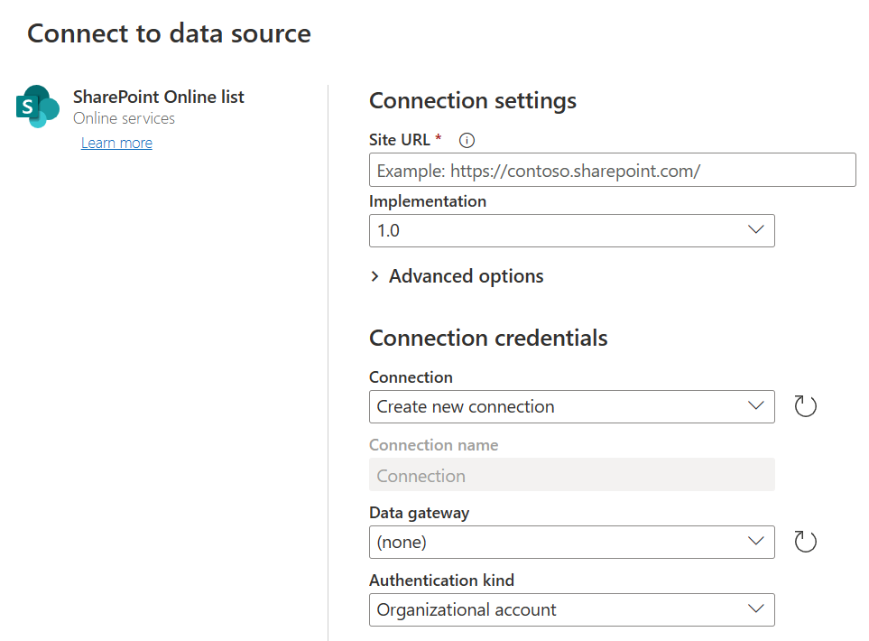 Képernyőkép az Adatforrás csatlakoztatása lehetőségről, ahol megadja a webhely URL-címét, implementációját és hitelesítő adatait.