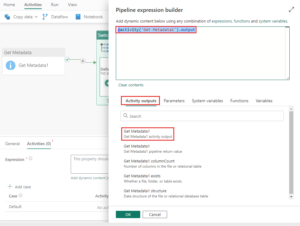 Screenshot showing the Pipeline expression builder window with the Activity outputs from the Get Metadata activity highlighted.