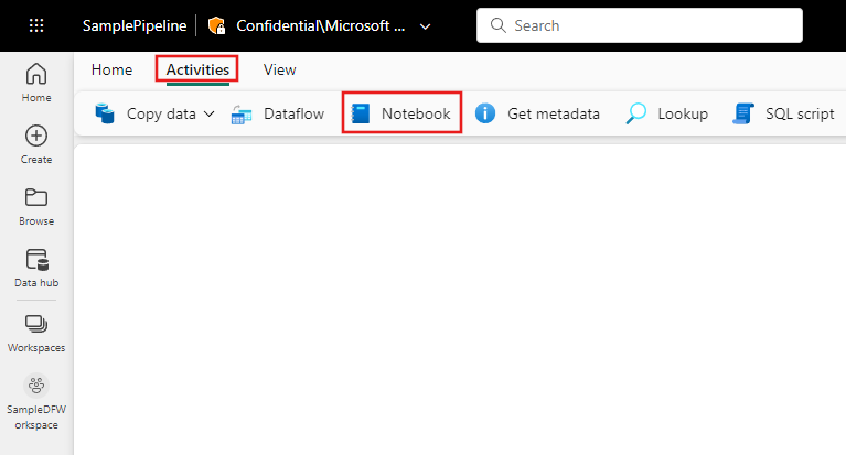 Screenshot of the Fabric UI with the Activities pane and Notebook activity highlighted.