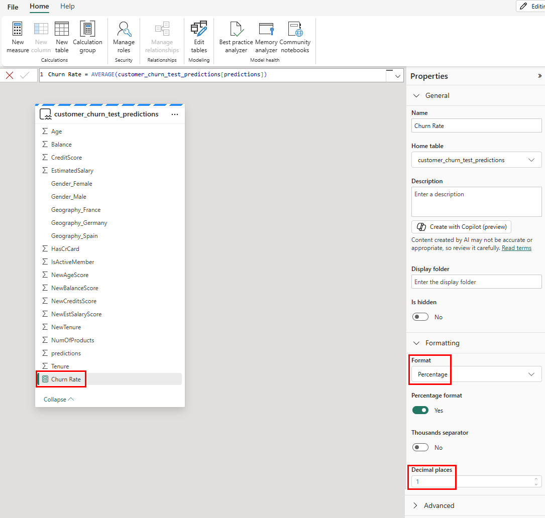 Screenshot show the new Churn Rate measure with properties set.