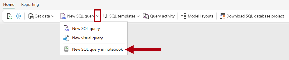 Képernyőkép a menüszalagon található Új SQL-lekérdezés a jegyzetfüzetben lehetőségről.