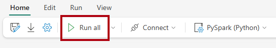 Képernyőkép a Kezdőlap menüszalagjáról, kiemelve az Összes futtatása gombot.