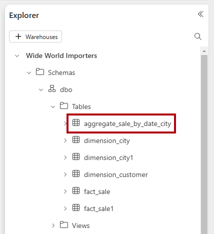Képernyőkép az Explorer panelről, kiemelve az újonnan létrehozott táblát.
