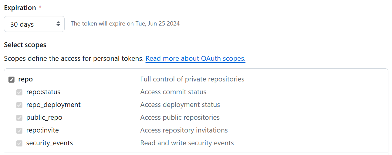 A GitHub klasszikus jogkivonat-hatóköreinek képernyőképe.