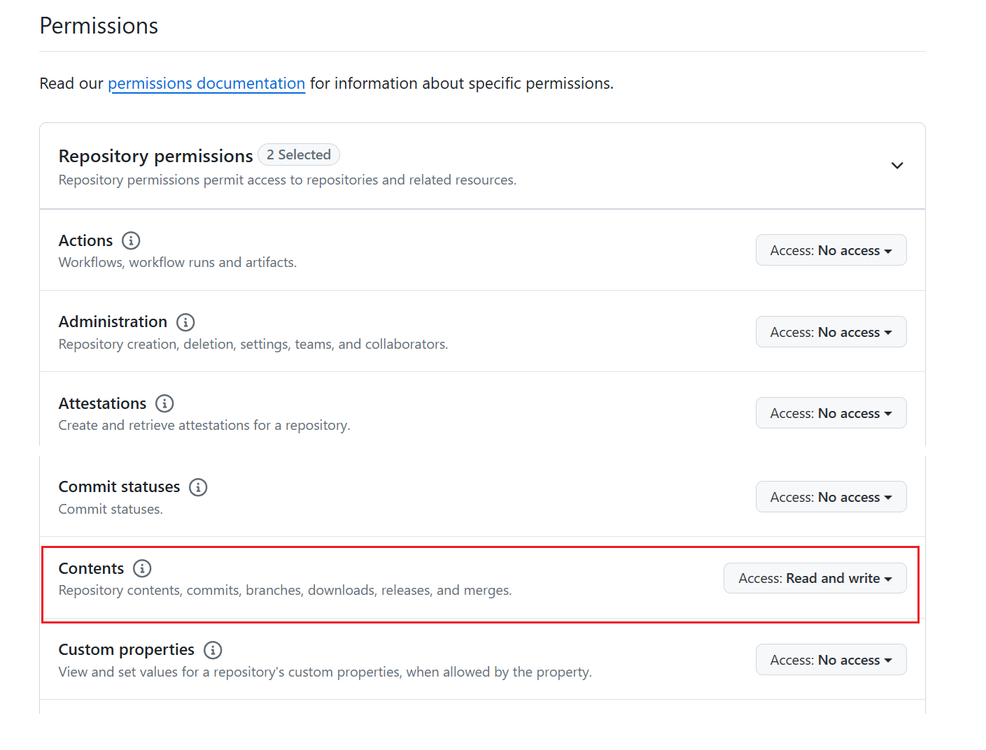 A GitHub-jogkivonat engedélyeinek képernyőképe.