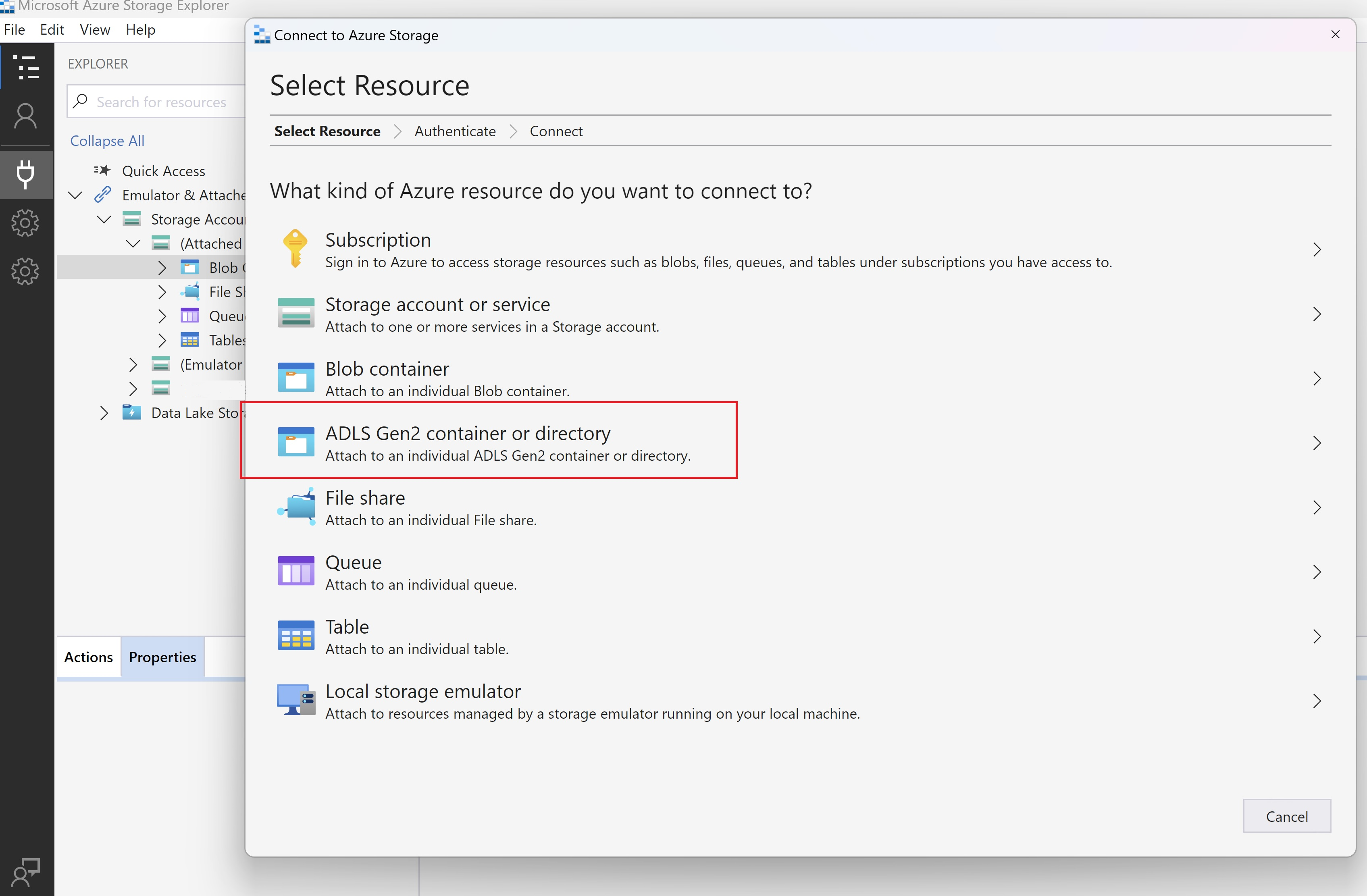 Képernyőkép az Azure Data Lake Storage (ADLS) Gen2-tároló vagy címtár lehetőség kiválasztásáról.