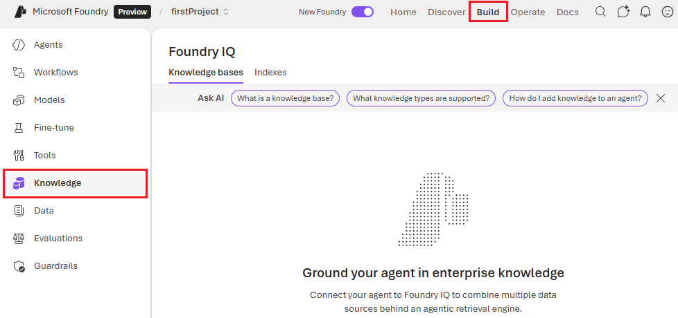 Az Foundry Build menü Tudás lapjának kiválasztását bemutató képernyőkép.