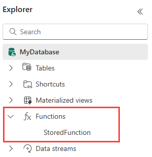 Screenshot of Explorer pane showing the list of stored user-defined functions.