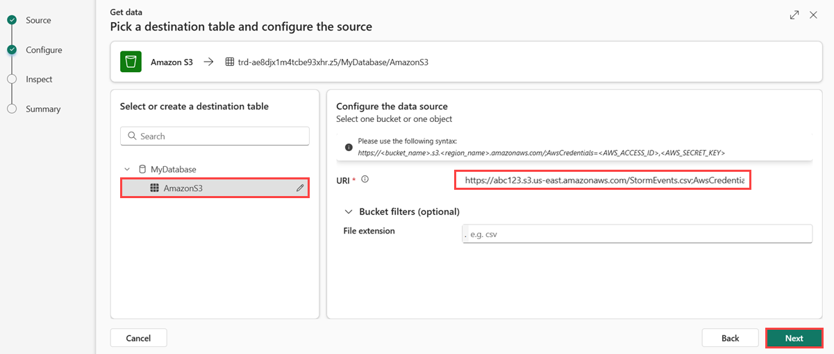 Screenshot of configure tab with new table entered and an Amazon S3 connection string pasted.