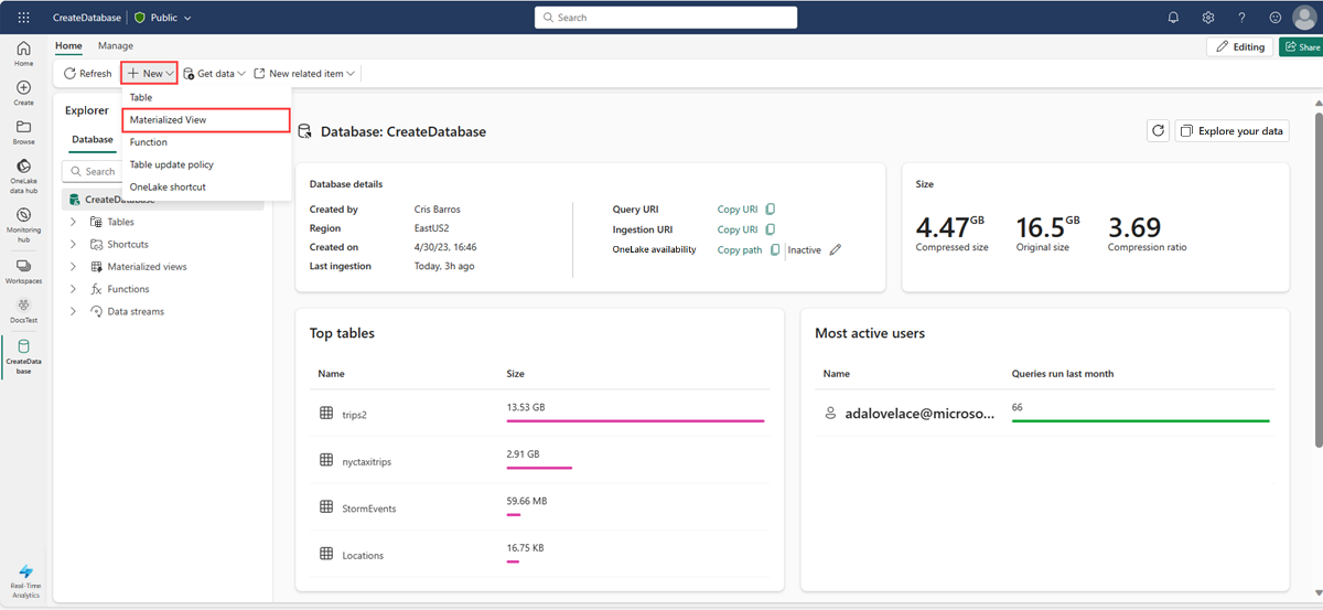 Screenshot of a KQL database landing page showing the New option dropdown menu, with the option titled Materialized view highlighted.