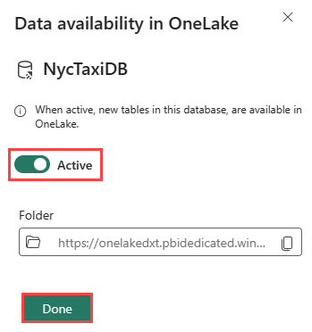 Képernyőkép a OneLake mappa részleteinek ablakáról a Microsoft Fabric valós idejű elemzésében. Be van kapcsolva az adatok OneLake-nek való felfedésére vonatkozó lehetőség.