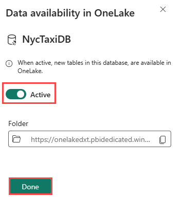 Képernyőkép a OneLake-be történő adatmásolás engedélyezéséről Real-Time Analyticsben a Microsoft Fabricben.