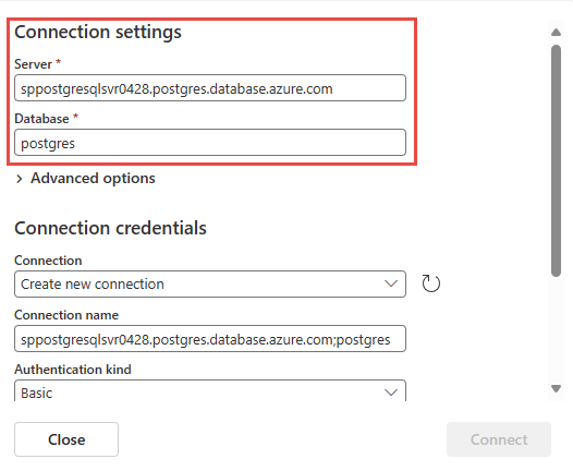 Képernyőkép az Azure PostgreSQL-adatbázis-összekötő Csatlakozás ion-beállításairól.