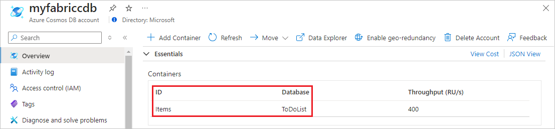 Képernyőkép egy Azure Cosmos DB NoSQL API-fiók Tárolók listájáról.