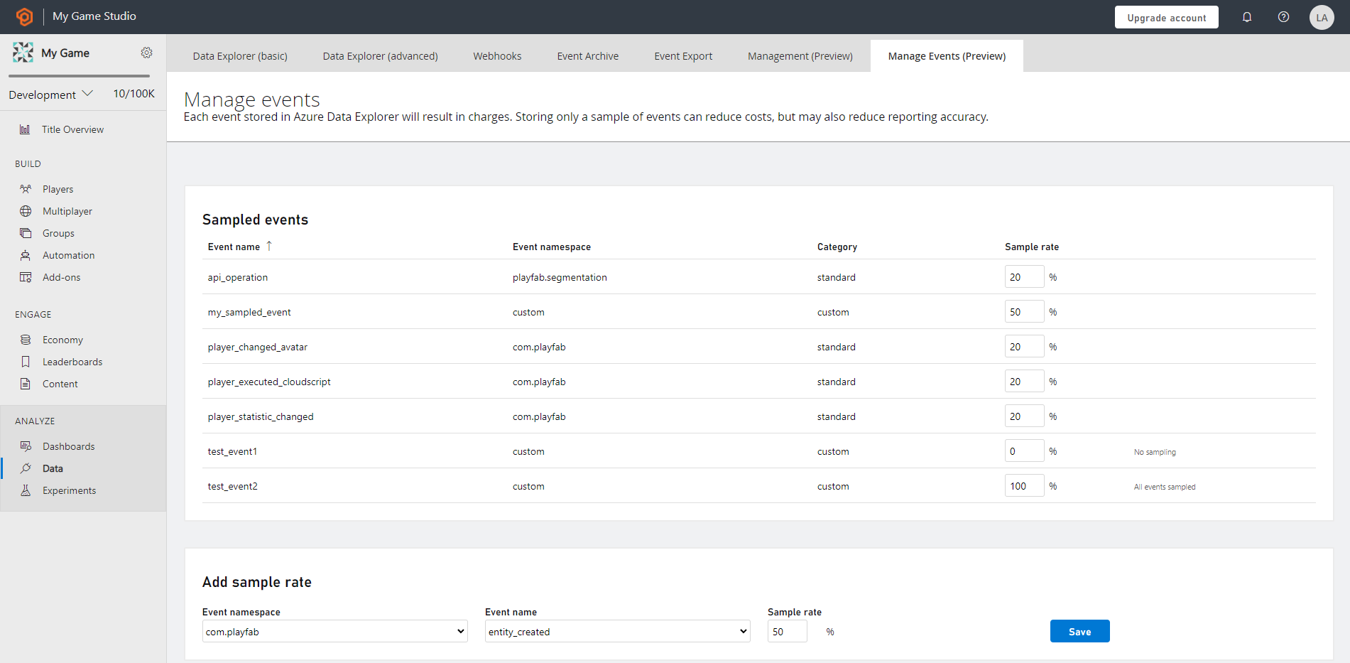 Screenshot of Manage Events Overview