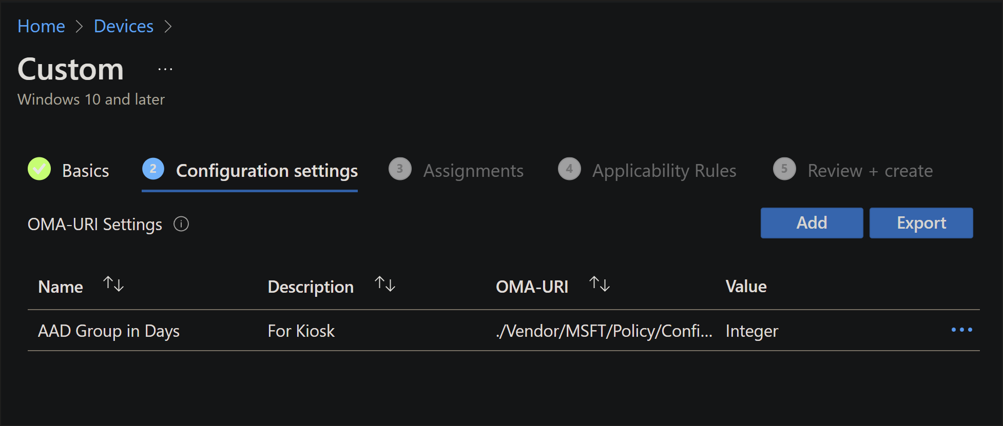 OMA-URI konfiguráció képernyőképe.