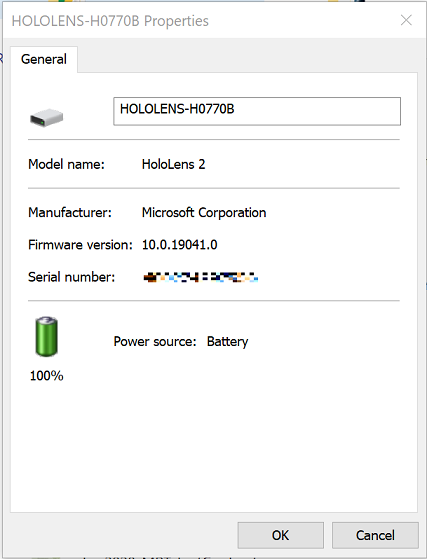 A HoloLens 2 tulajdonságok képernyője az akkumulátor töltöttségi szintjét jeleníti meg.
