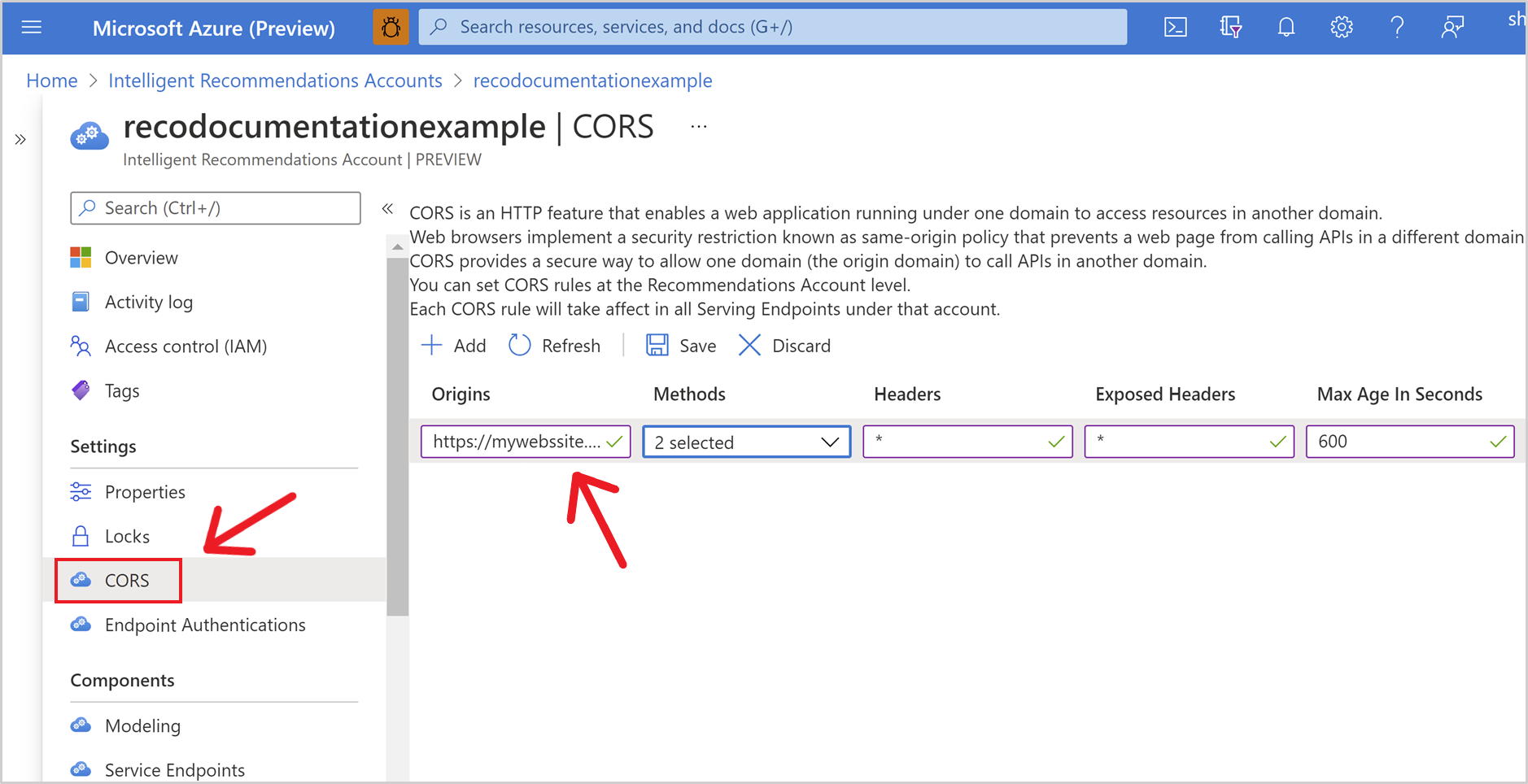 Configure CORS from within your Intelligent Recommendations account