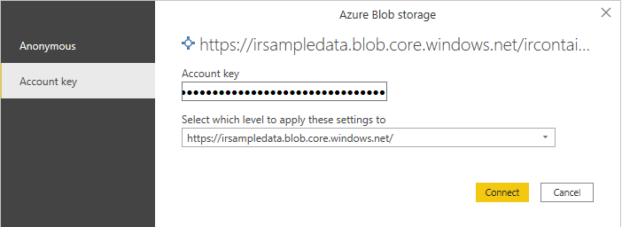 Copy the code and paste the value into the Access Key field in the Power BI dashboard and press Connect. Copy the code and paste the value into the Access Key field in the Power BI dashboard and press Connect.