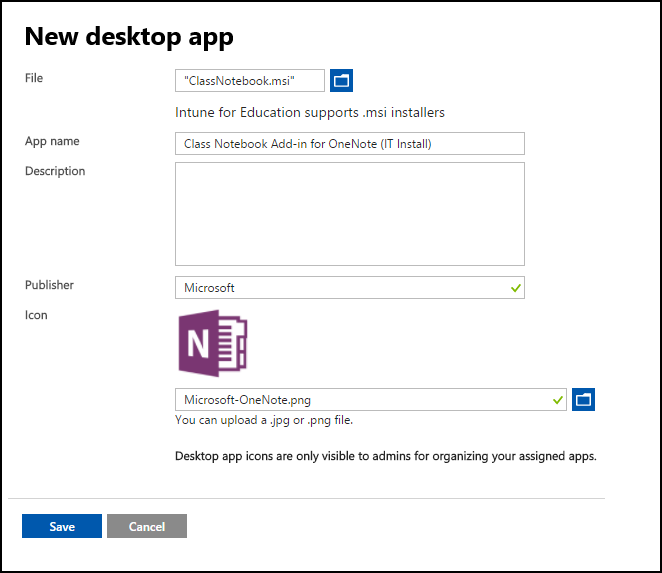 Az új asztali alkalmazás hozzáadása képernyő, amelyben az összes mező ki van töltve a minta alkalmazásra, az Evernote-ra.