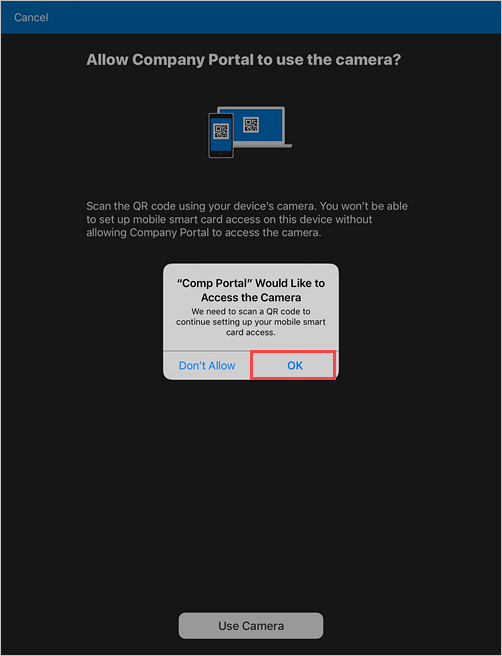 Példa képernyőkép egy Céges portál kérdésről, amely engedélyt kér a kamera hozzáférésének engedélyezésére.
