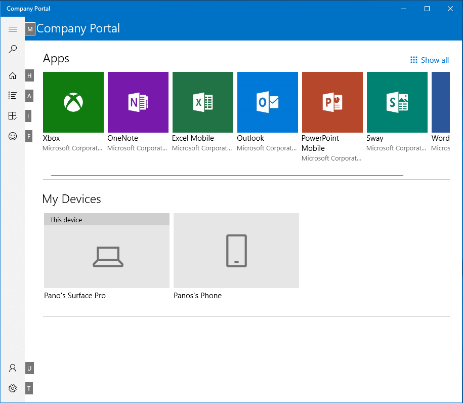 Képernyőkép a Windows Céges portál elérhető parancsikonjairól