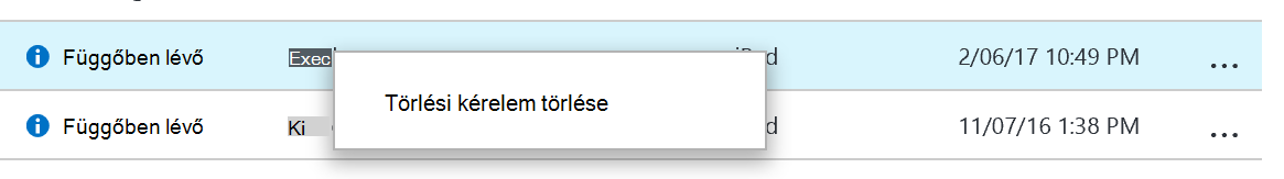 Képernyőkép a törlési kérelmek listájáról az Alkalmazás szelektív törlése panelen