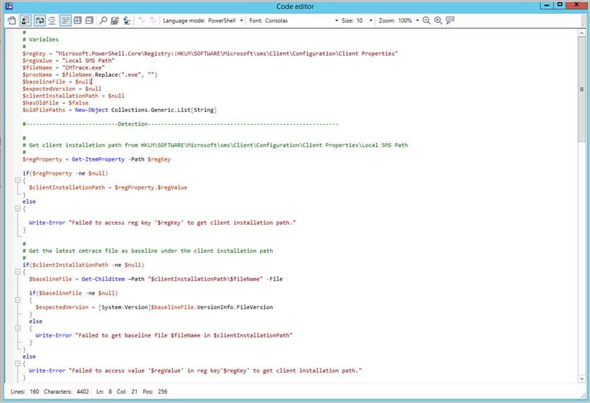 Képernyőkép az új kódszerkesztőről a Configuration Manager-ben