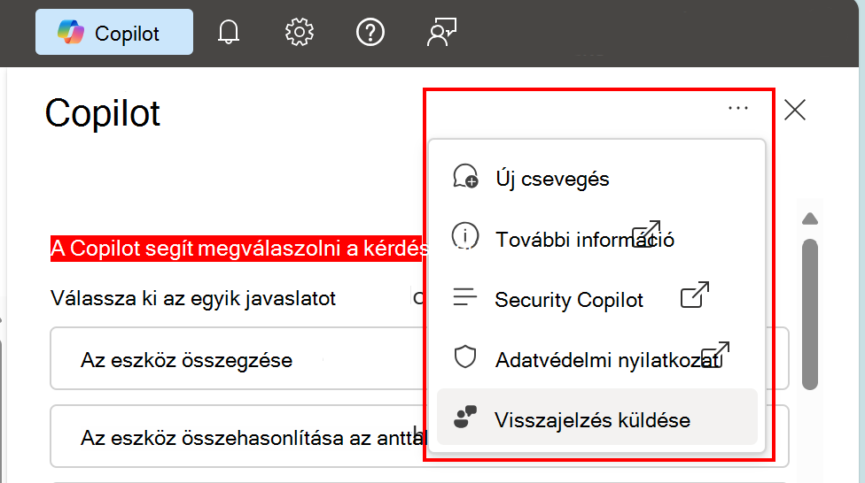 Képernyőkép, amely bemutatja, hogy az Azure visszajelzési lehetősége a Microsoft Intune-ban és az Intune Felügyeleti központban.