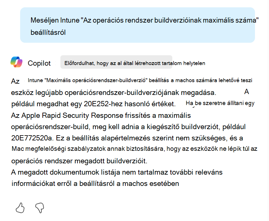 Képernyőkép, amelyen további információ jelenik meg egy beállításról, amikor kiválasztja a Copilot elemleírást egy megfelelőségi házirendben a Microsoft Intune Felügyeleti központban.