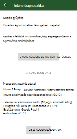 Intune Diagnosztikai felhasználói felület