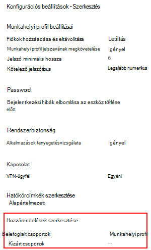 Képernyőkép, amely bemutatja, hogyan lehet a Microsoft Intune rendszerben a profil felhasználók és csoportok számára történő üzembe helyezéséhez hozzárendeléseket kiválasztani.