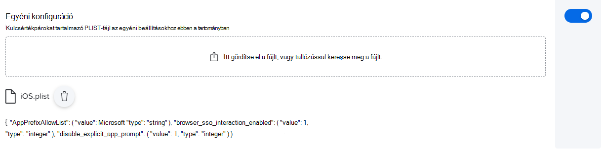 Képernyőkép, amelyen egy egyéni konfigurációs minta látható egy PLIST-fájllal a Jamf Pro számára.