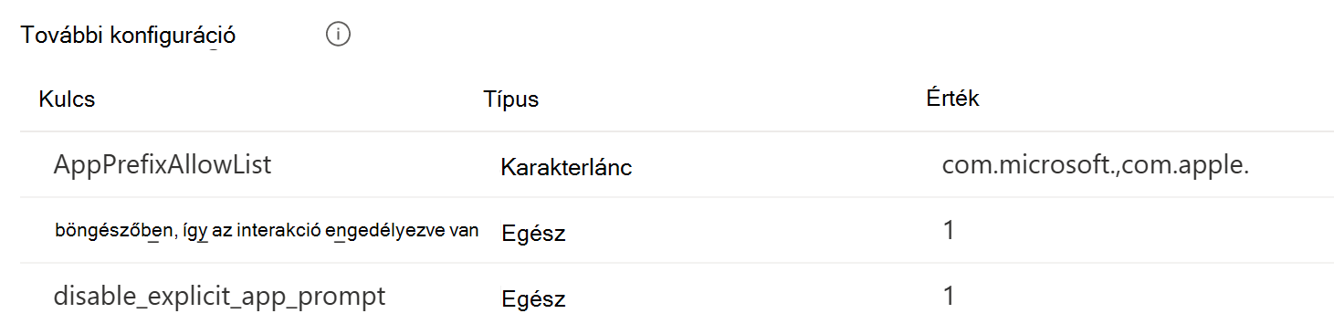 Képernyőkép, amely a Vállalati egyszeri bejelentkezés beépülő modul végfelhasználói élményének konfigurációs beállításait mutatja iOS-/iPadOS-eszközökön az Intune-ban.
