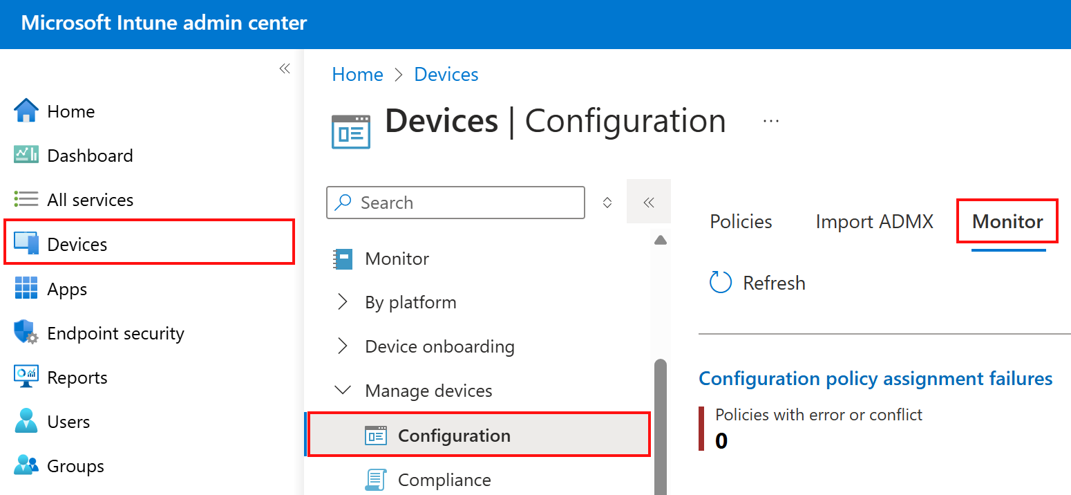 Képernyőkép az eszközkonfigurációs profilok Monitor lapjának kiválasztásáról a Microsoft Intune-ban és az Intune felügyeleti központban.