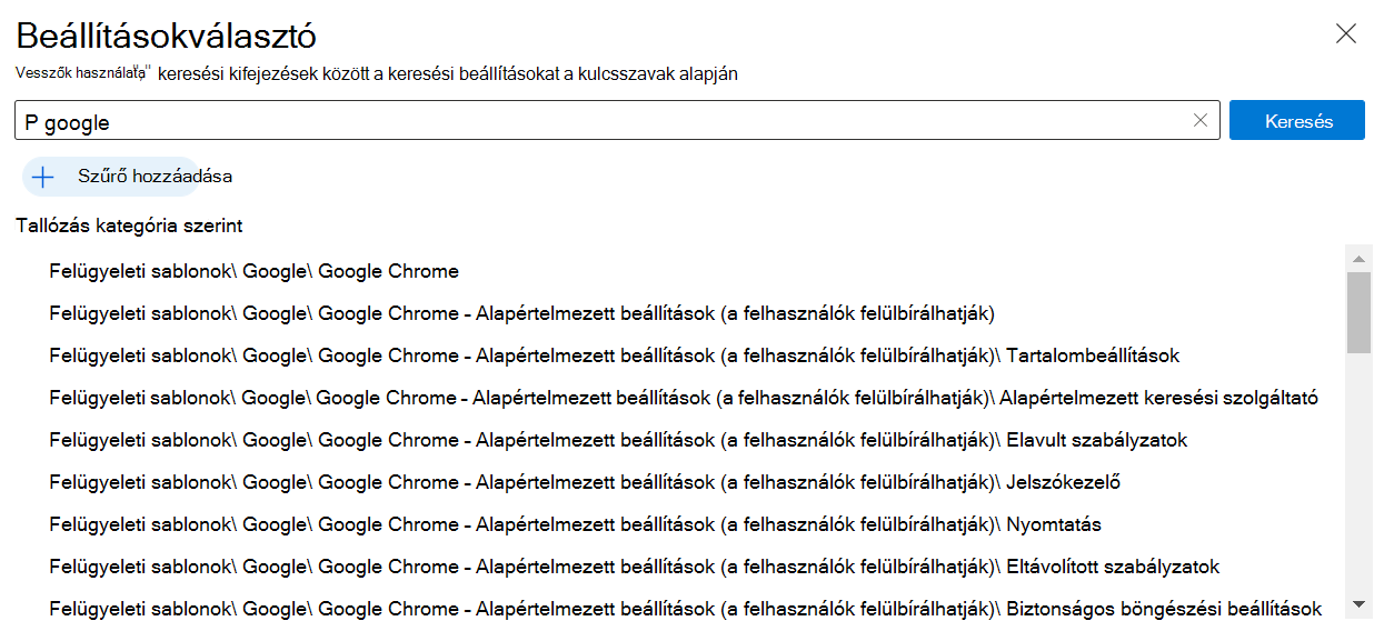 Képernyőkép a Google Chrome beállításairól a felügyeleti központ Microsoft Intune és Intune beépített beállításkatalógusában. Ezekkel a beállításokkal Google Chrome-szabályzatot hozhat létre és konfigurálhat Windows-eszközökön.