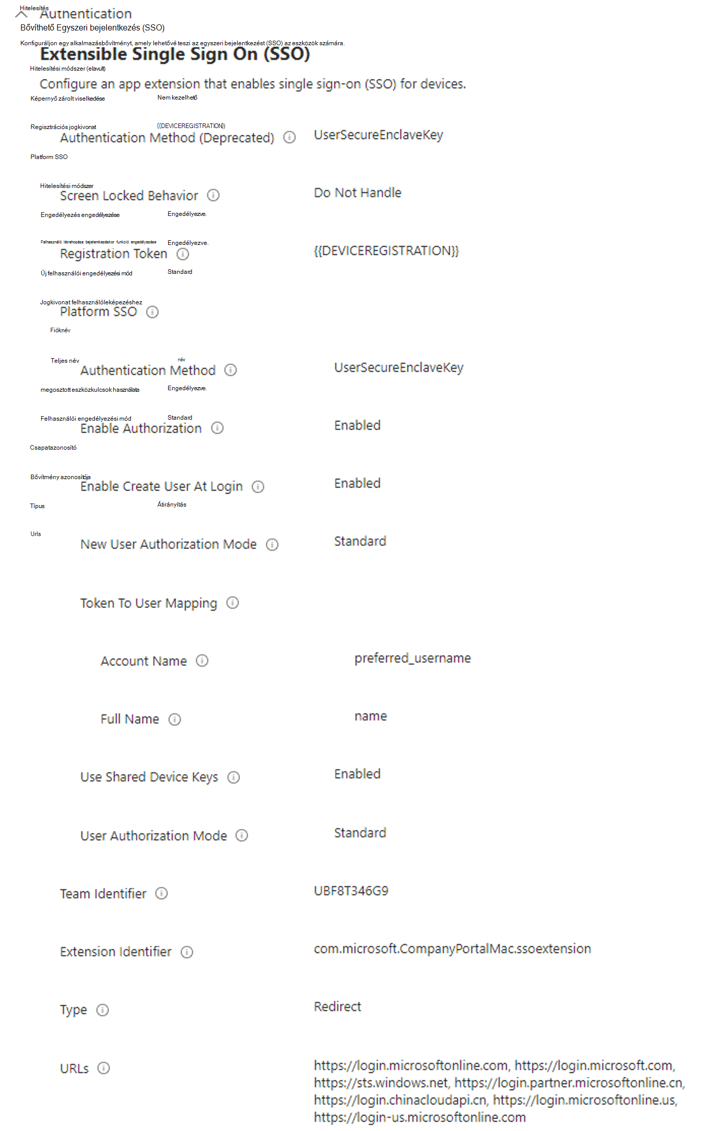 Képernyőkép egy Intune MDM-profil javasolt platform egyszeri bejelentkezési beállításairól.