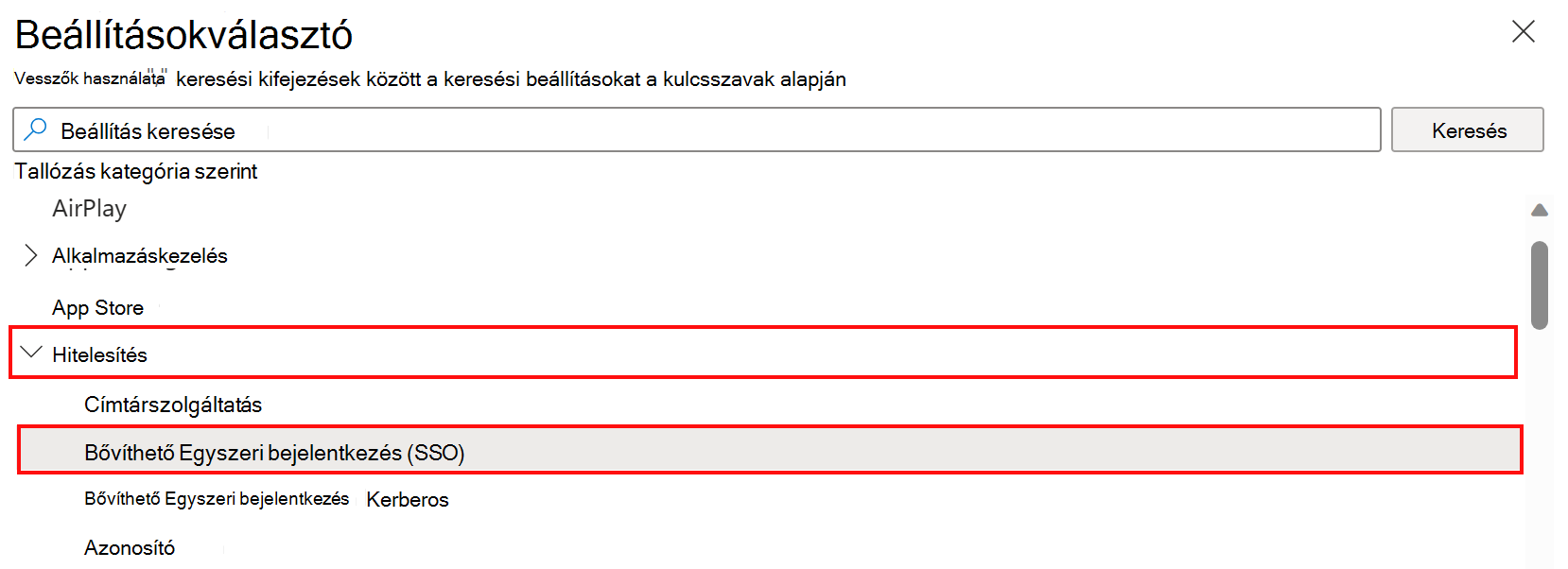 Képernyőkép a beállításkatalógus-választóról, amelyen a hitelesítés és a bővíthető egyszeri bejelentkezés kategória kiválasztása látható Microsoft Intune.
