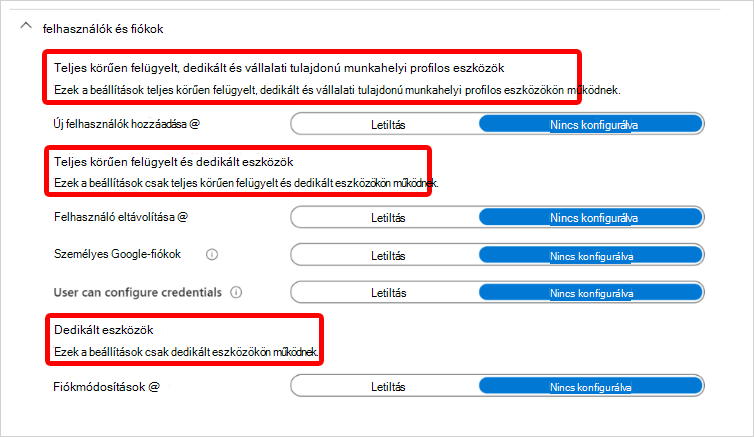 Képernyőkép az Android Enterprise Users and Accounts (Vállalati felhasználók és fiókok) beállítás fejlécéről és az általuk alkalmazott regisztrációs típusokról Microsoft Intune.
