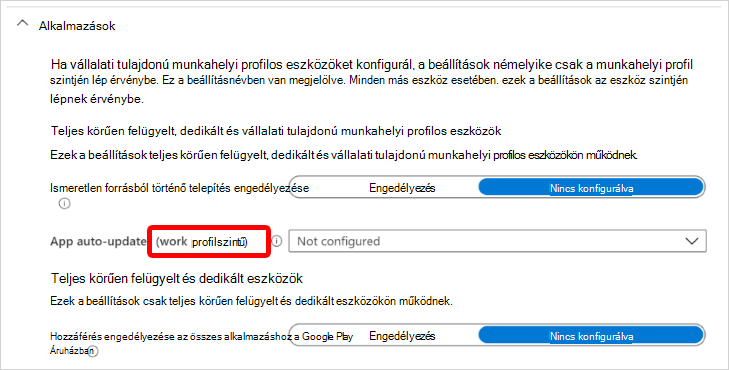Képernyőkép az Android Enterprise alkalmazásbeállításokról, amelyek a vállalati tulajdonú munkahelyi profil szintjén vonatkoznak Microsoft Intune.