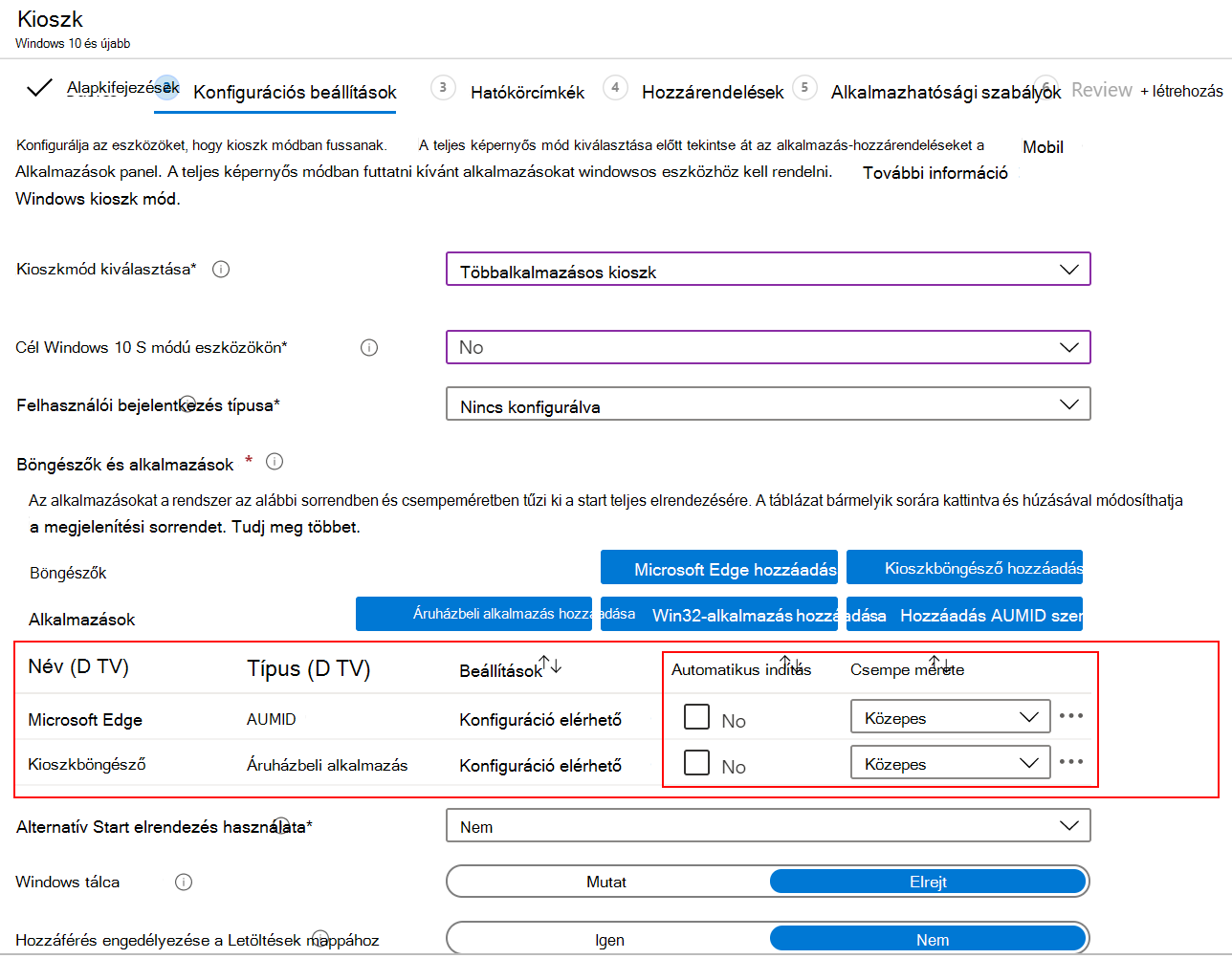 Automatikusan indítsa el az alkalmazást vagy böngészőt, és válassza ki a csempe méretét egy többalkalmazásos kioszkprofilban a Microsoft Intune-ban.