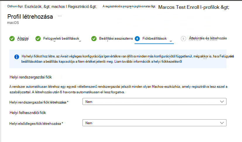 Képernyőkép az automatikus eszközregisztrációs profilok Fiókbeállítások paneljének alapértelmezett megjelenéséről