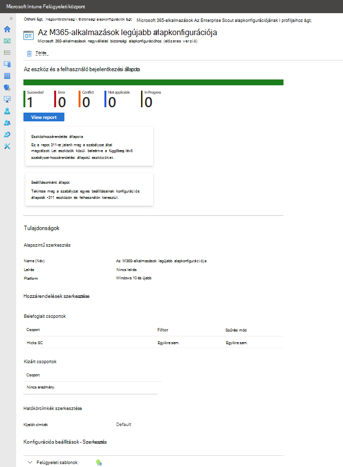 Megtekintheti egy biztonsági alapkonfiguráció-profil irányítópultját.