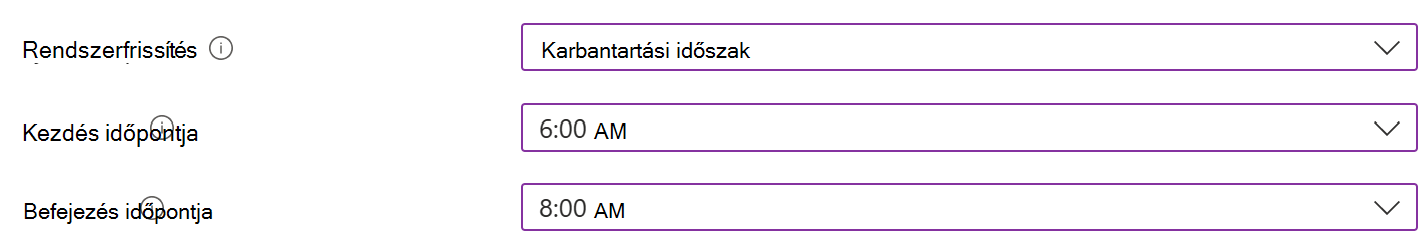 Képernyőkép az Android Enterprise rendszerű eszközök rendszerfrissítési beállításáról a Microsoft Intune Felügyeleti központ karbantartási időszakával