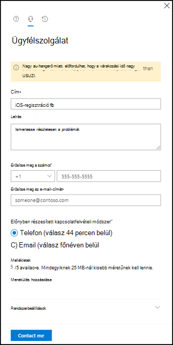 Képernyőkép a Intune Felügyeleti központban található kapcsolatfelvételi űrlapról.