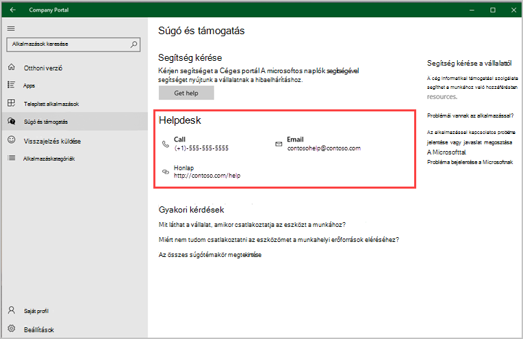 Képernyőkép a Windows Céges portál alkalmazás Súgó & támogatási oldaláról, kiemelve a Segélyszolgálat szakaszt.