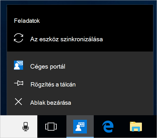 Képernyőkép az eszköz asztalán lévő Windows tálcáról. Céges portál alkalmazásikon van kiválasztva, és egy menüt jelenít meg a 