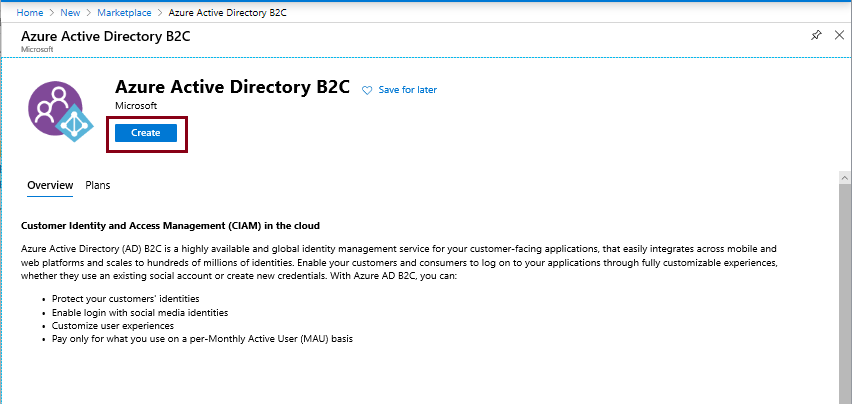 Azure Marketplace-bejegyzés az Azure Active Directory B2C-hez.